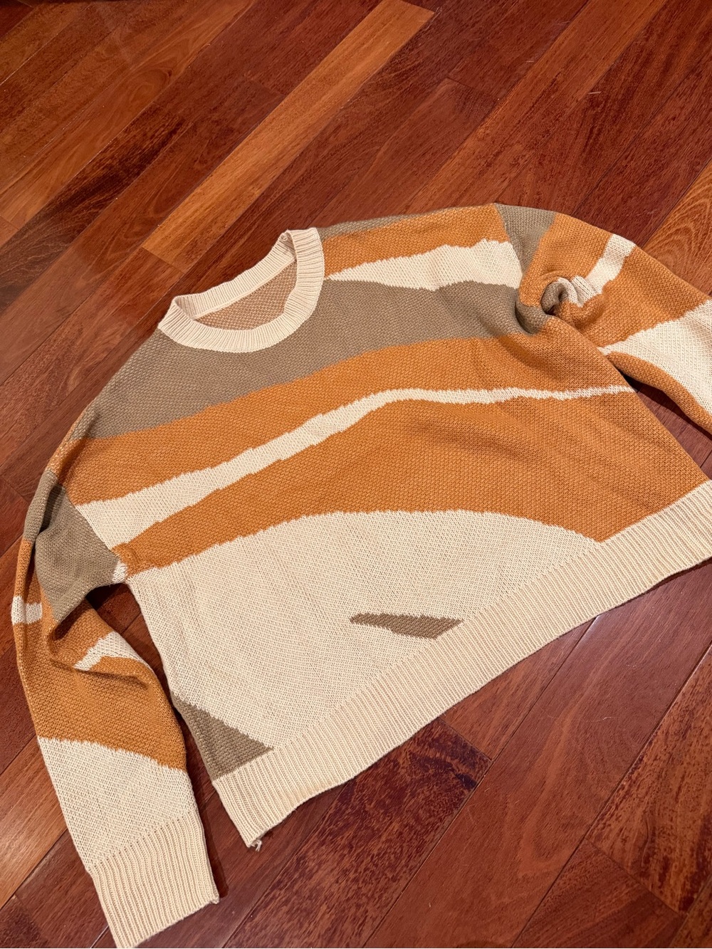 OAK + FORT Wavy Colorblock Crewneck Sweater in Cream, Tan & Orange